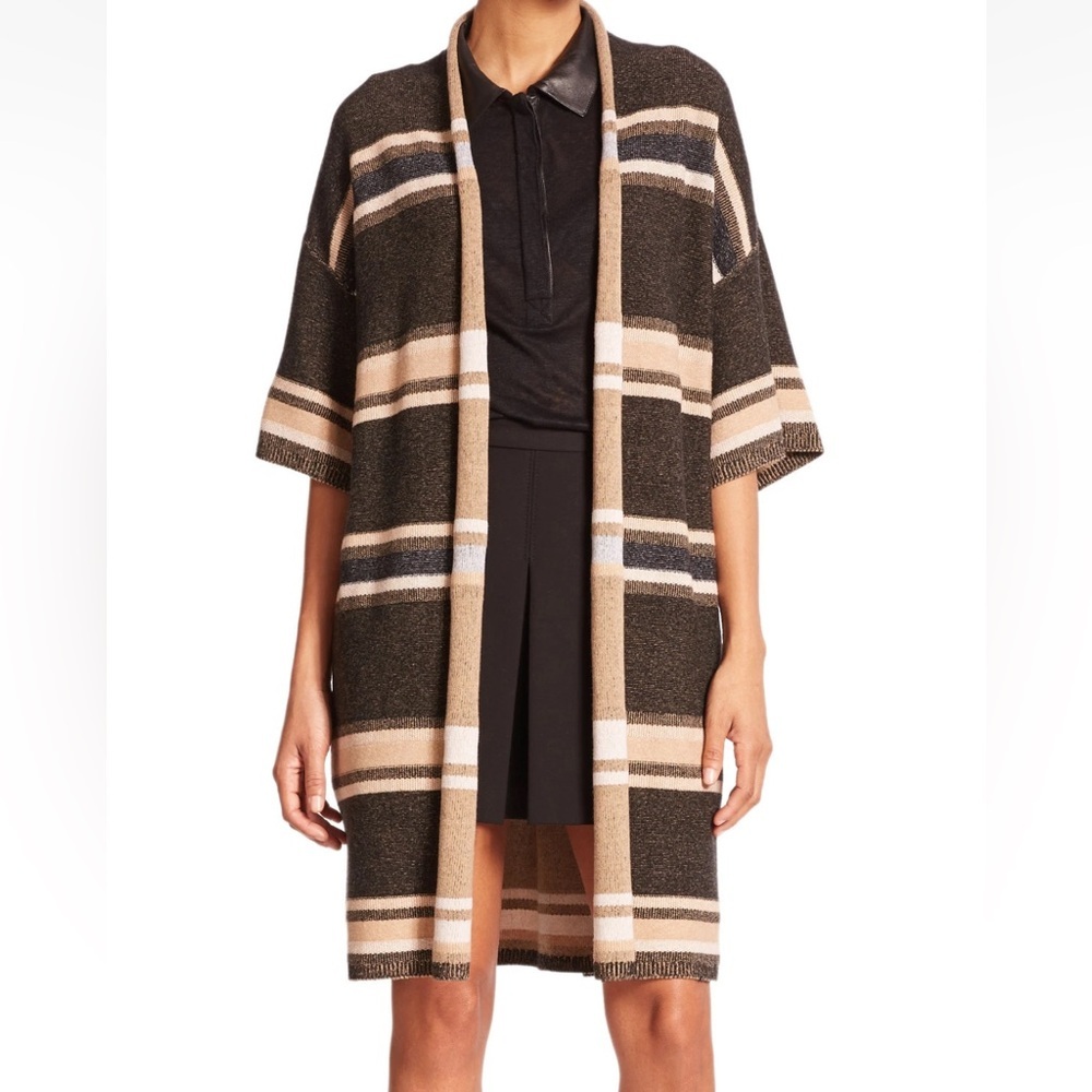 Vince Textured Stripe Wool Cashmere Open Cardigan Long Sweater Size M/L